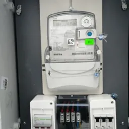 Zamknięta szafka elektryczna z zamontowanym licznikiem energii elektrycznej i zabezpieczeniami nadprądowymi, widoczne przewody w izolacji, szara obudowa szafki.