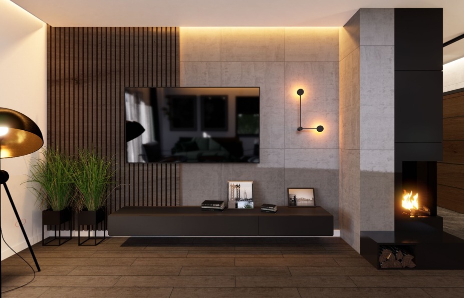 Nowoczesny salon z drewnianą ścianką, telewizorem, minimalistycznymi lampami ściennymi, kominkiem i dekoracyjnymi roślinami w czarnych donicach. Całość utrzymana w stonowanej kolorystyce...