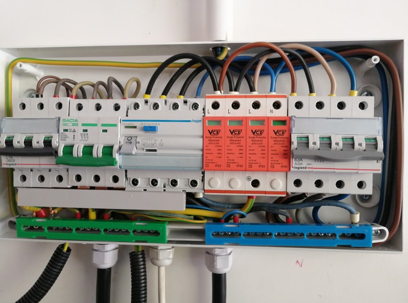 Rozdzielnica elektryczna z zamontowanymi zabezpieczeniami przepięciowymi VCX, wyłącznikami nadprądowymi Hager i Gacia, widoczne przewody w kolorach: brązowym, niebieskim, czarnym, żółto-zielonym...