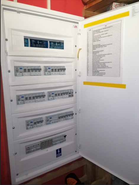 Otwarta, biała skrzynka elektryczna z bezpiecznikami i wyłącznikami, widoczne oznaczenia F1-F6, na drzwiach przyklejona kartka z listą parametrów, dolna część skrzynki z symbolem ostrzegawczym.