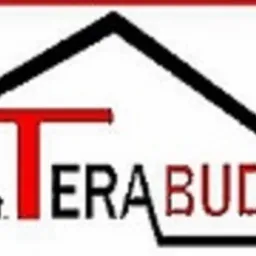 Logo firmy dekarskiej TERA-BUD z Dąbrowy Górniczej, zarys dachu w tle, czerwono-czarna kolorystyka.