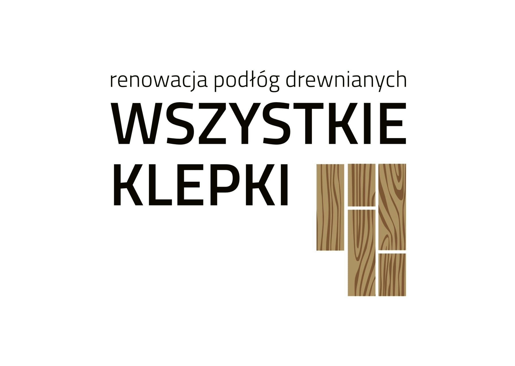 Logo firmy oferującej renowację podłóg drewnianych, z napisem 'Wszystkie Klepki' i graficzną reprezentacją ułożonych drewnianych klepek.