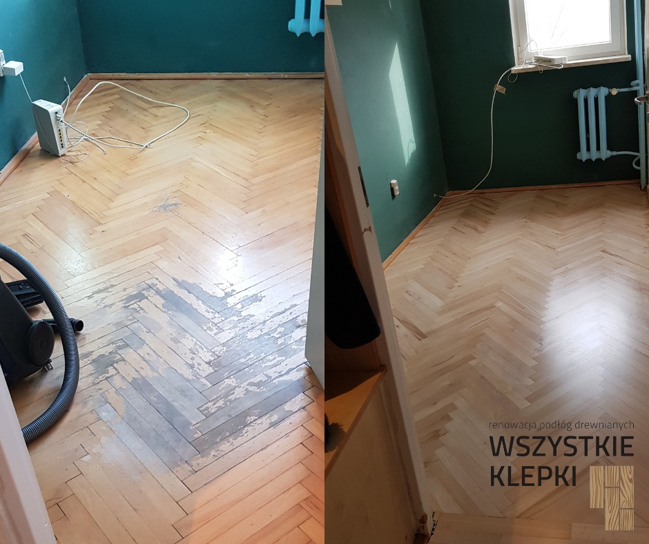 Cyklinowanie parkietu ułożonego w jodełkę: porównanie stanu przed i po renowacji, widoczny fragment podłogi z wyraźnymi śladami zużycia oraz odnowiona część z jasnym, gładkim wykończeniem.