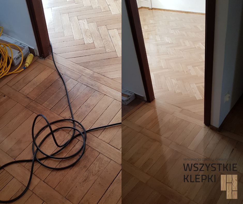Porównanie odnowionej i nieodnowionej części parkietu ułożonego w jodełkę, widoczny kabel zasilający i pudełko na podłodze.