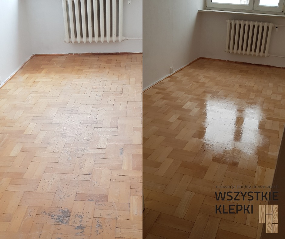 Porównanie stanu podłogi parkietowej przed i po renowacji: po lewej stronie widoczne zarysowania i ślady użytkowania, po prawej odnowiony, błyszczący parkiet ułożony w jodełkę, z widocznym odbiciem...