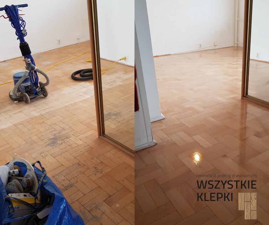 Porównanie stanu parkietu przed i po renowacji: po lewej stronie widoczna maszyna do cyklinowania i nieobrobiona powierzchnia, po prawej odnowiona, błyszcząca podłoga z klepek ułożonych w jodełkę.