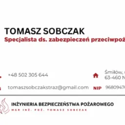Wizytówka Tomasza Sobczaka, specjalisty ds. zabezpieczeń przeciwpożarowych, z danymi kontaktowymi i logo firmy Inżynieria Bezpieczeństwa Pożarowego.