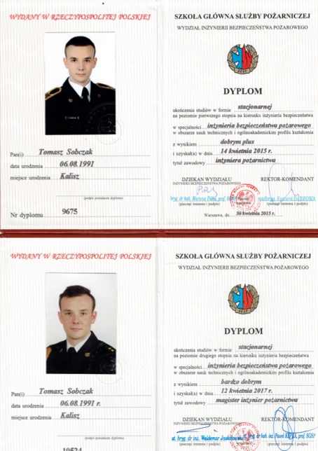 Skan dwóch dyplomów ukończenia studiów inżynierskich i magisterskich w Szkole Głównej Służby Pożarniczej, wydanych na nazwisko Tomasz Sobczak, z fotografią absolwenta w mundurze.