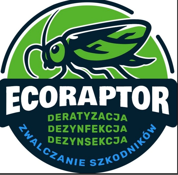Logo firmy Ecoraptor z zielonym owadem, oferującej usługi deratyzacji, dezynfekcji i dezynsekcji.