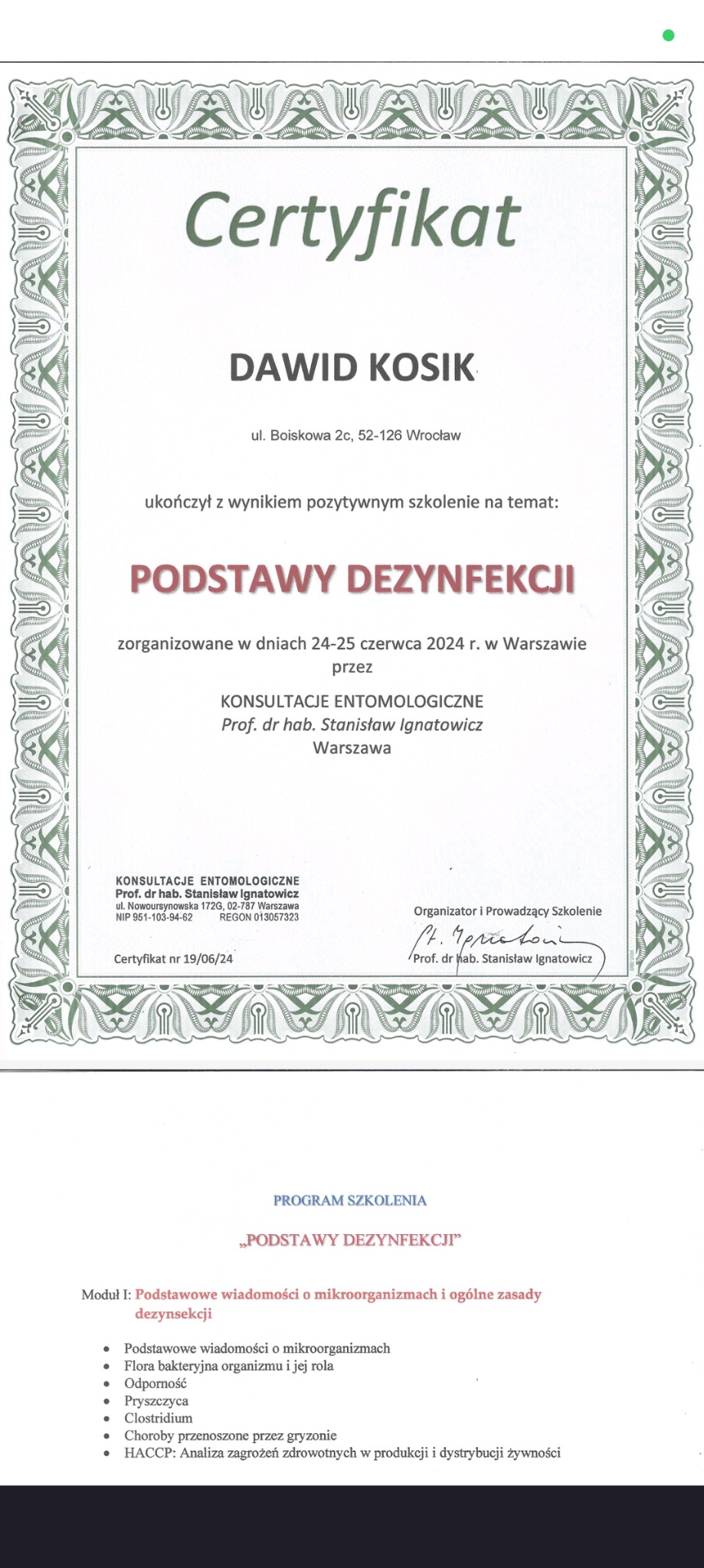 Skan certyfikatu ukończenia szkolenia z zakresu podstaw dezynfekcji, wydanego przez Konsultacje Entomologiczne.