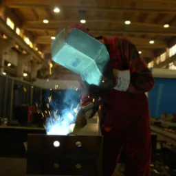 Spawacz w czerwonym kombinezonie i masce spawalniczej łączy metalowe elementy konstrukcji, iskry i dym podczas spawania, widoczne oświetlenie hali.