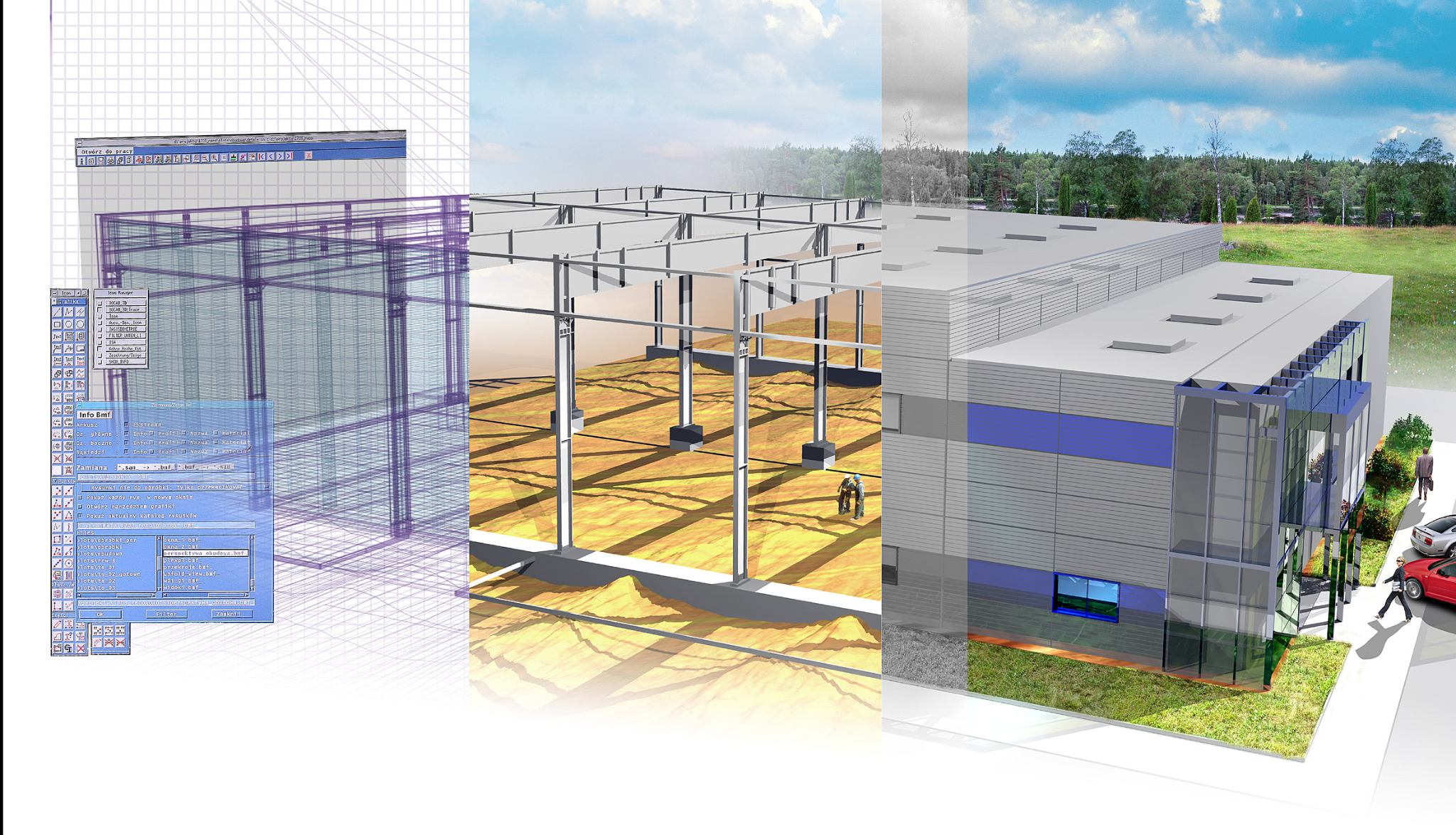Wizualizacja 3D hali przemysłowej w różnych etapach: od projektu CAD, przez konstrukcję stalową, po gotowy budynek z elewacją i otoczeniem.