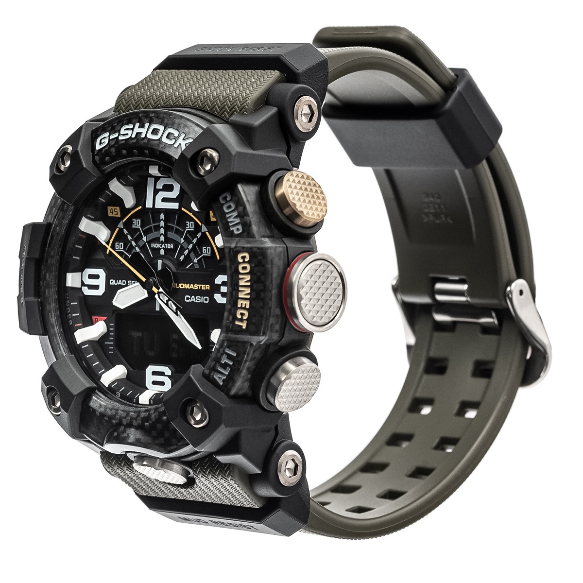 Czarny zegarek G-Shock Mudmaster z elementami z włókna węglowego, złotą koroną i oliwkowym paskiem, widoczny z boku na białym tle.