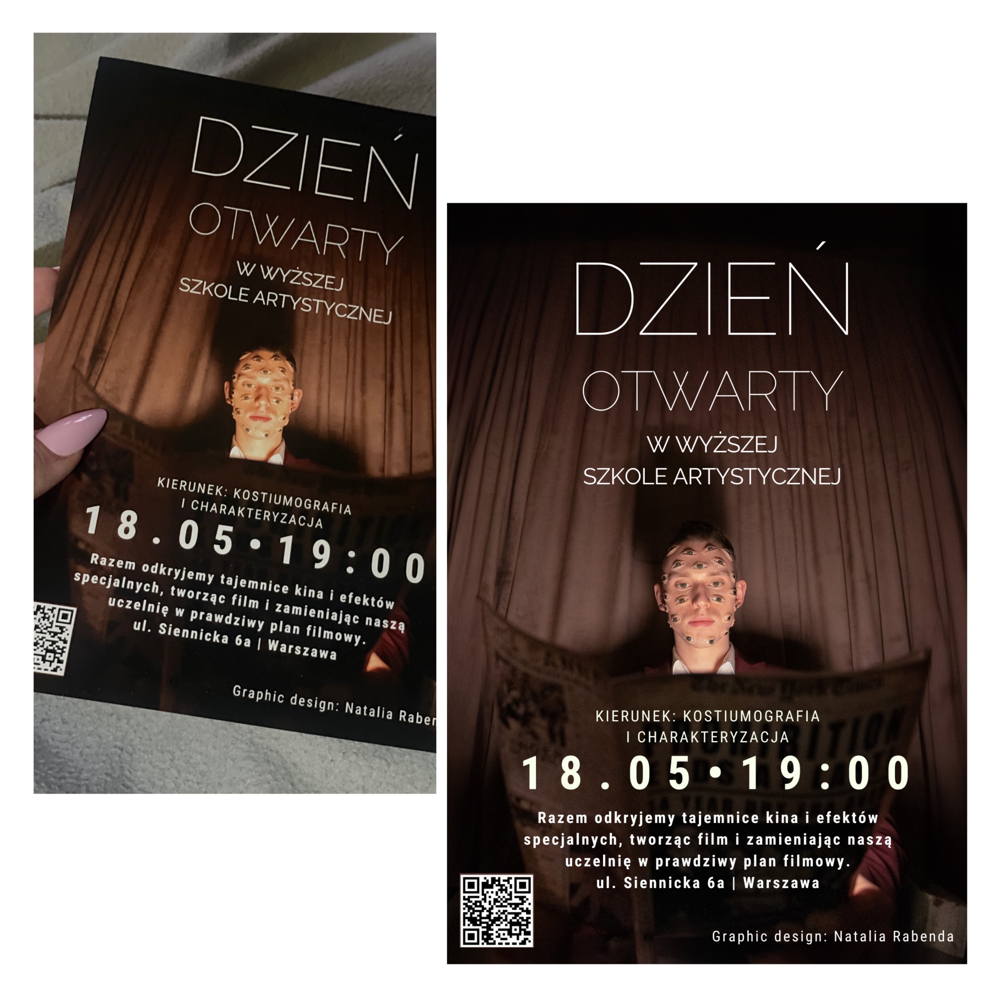 Plakat informujący o dniu otwartym w Wyższej Szkole Artystycznej, kierunek kostiumografia i charakteryzacja, z datą 18.05 o godzinie 19:00, na plakacie wizerunek osoby z charakteryzacją twarzy...