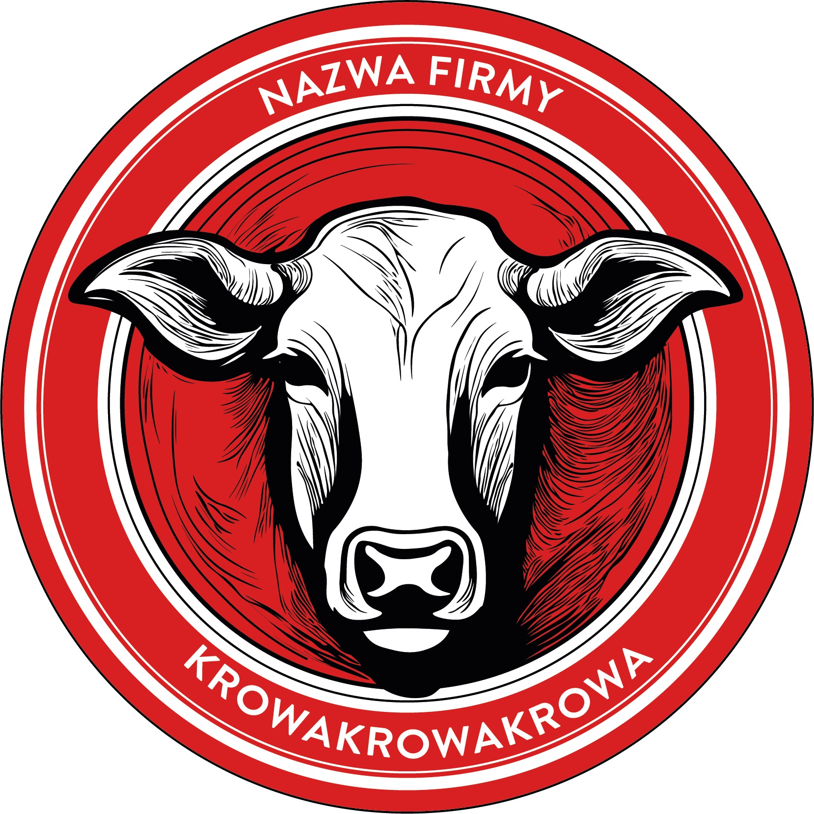 Stylizowany, okrągły logotyp z wizerunkiem krowy w kolorach białym, czarnym i czerwonym, z napisem 'NAZWA FIRMY' u góry i 'KROWAKROWAKROWA' na dole.