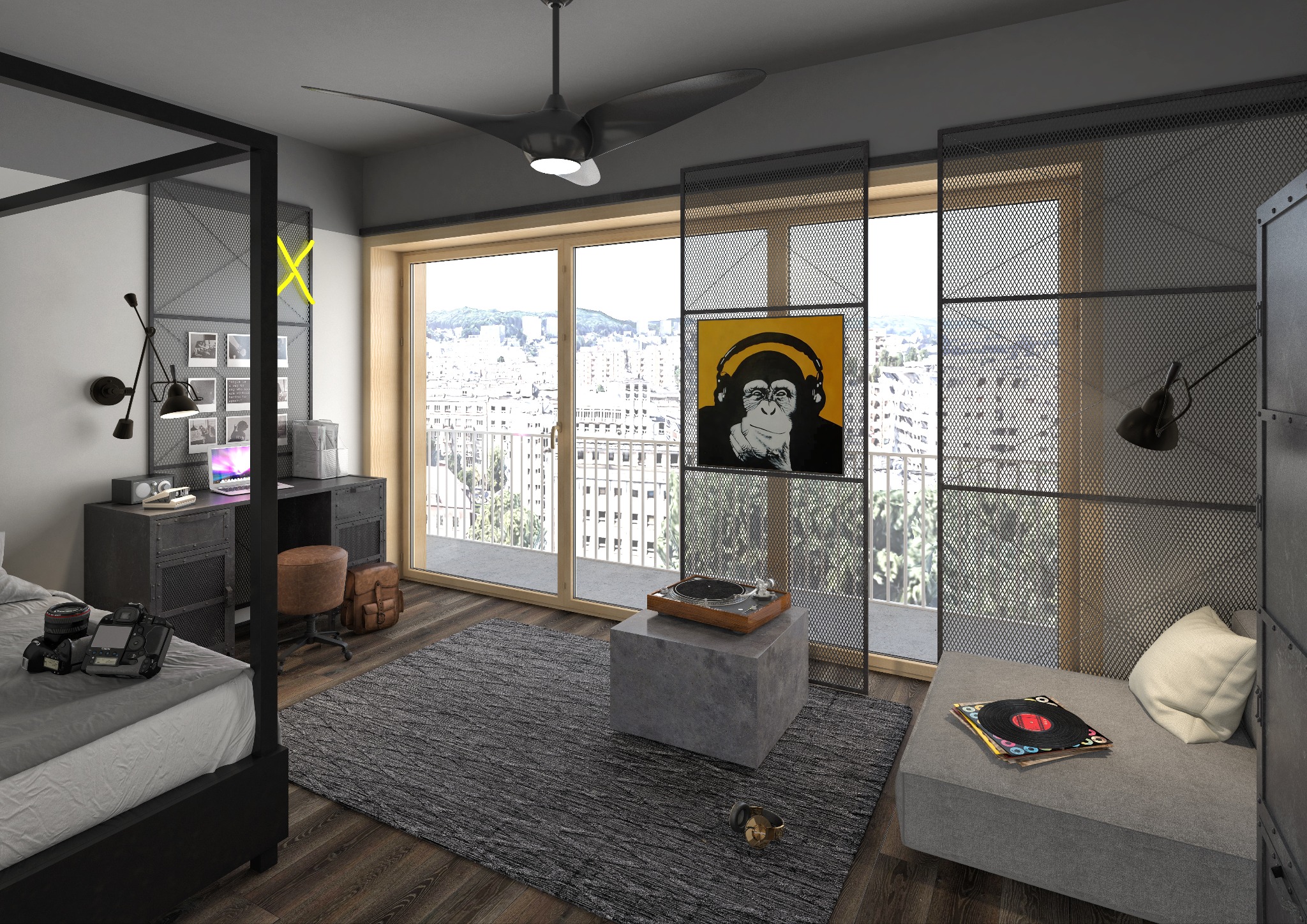 Pokój młodzieżowy w stylu industrialnym z łóżkiem z baldachimem, biurkiem z lampką, betonowym stolikiem kawowym, gramofonem i plakatem z małpą w słuchawkach.