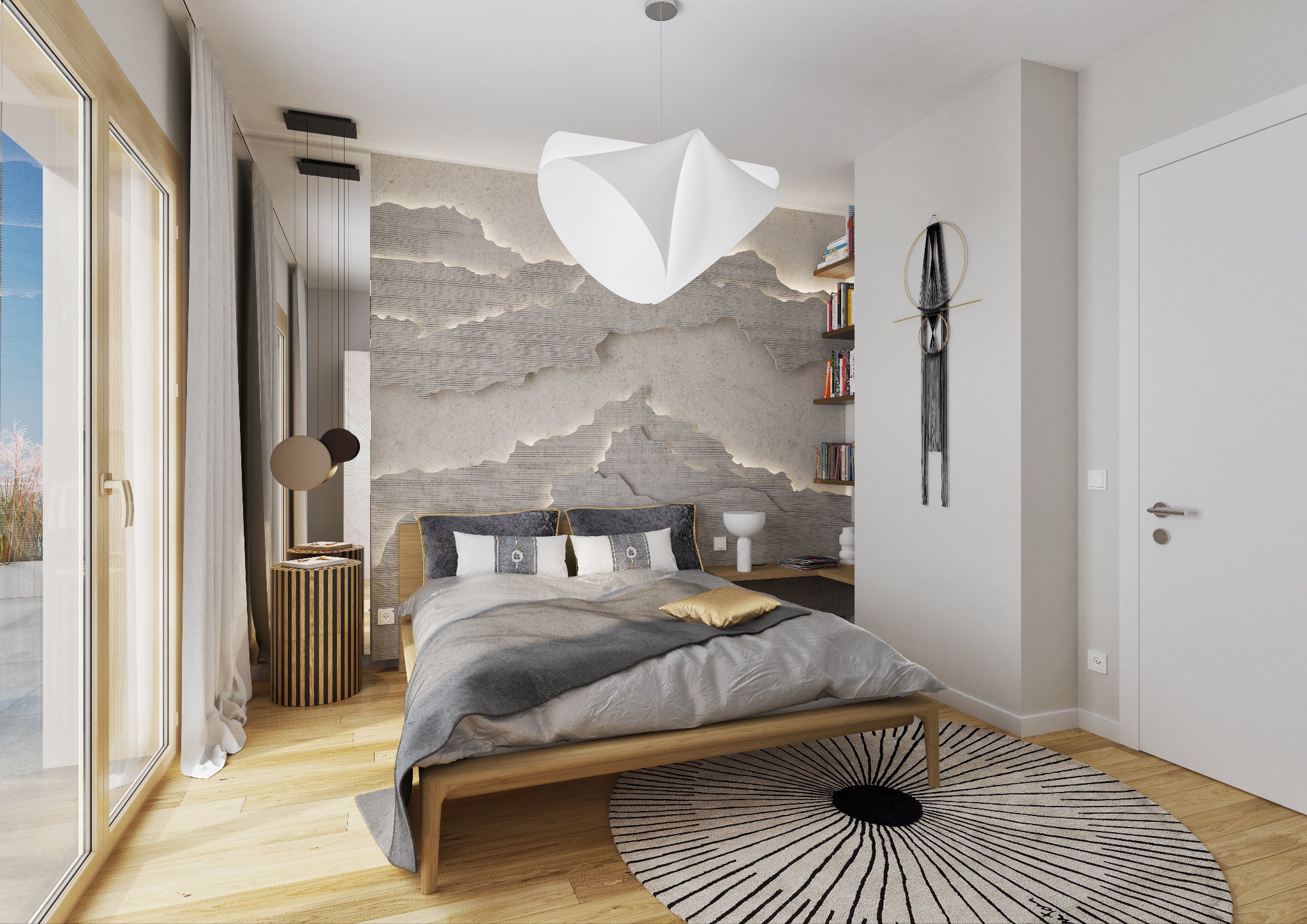 Jasna sypialnia z drewnianym łóżkiem, abstrakcyjnym oświetleniem i dekoracyjną ścianą z efektem 3D, uzupełniona okrągłym dywanem w geometryczne wzory.