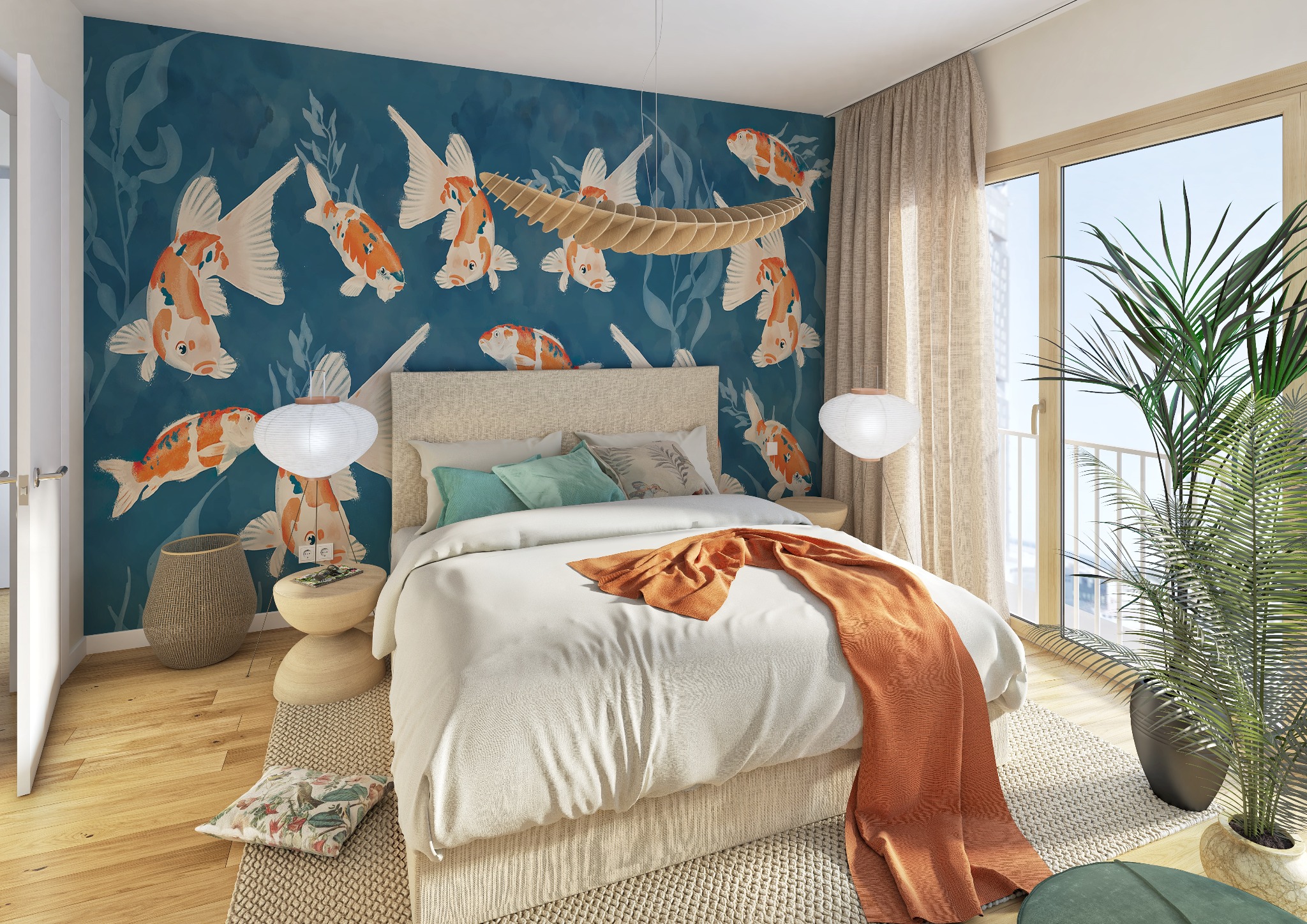 Sypialnia z łóżkiem, ścianą z motywem ryb koi, drewnianym hamakiem i lampami kulami po bokach, dywan z juty, roślina doniczkowa przy oknie.