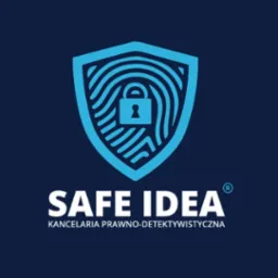 Logo kancelarii prawno-detektywistycznej Safe Idea: niebieski odcisk palca w kształcie tarczy z kłódką, biały napis Safe Idea i pod nim Kancelaria Prawno-Detektywistyczna.