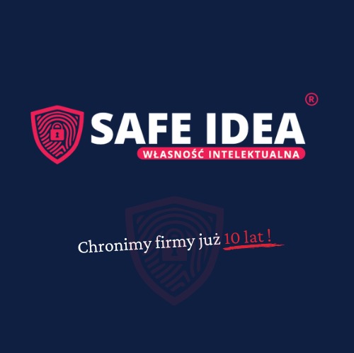 Logo firmy Safe Idea z Gdyni, specjalizującej się w ochronie własności intelektualnej, z hasłem 'Chronimy firmy już 10 lat!' i symbolem odcisku palca w tarczy.