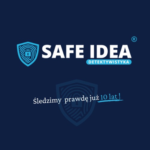 Logo firmy detektywistycznej Safe Idea z motywem tarczy i odcisku palca, hasłem 'Śledzimy prawdę już 10 lat!' na granatowym tle.