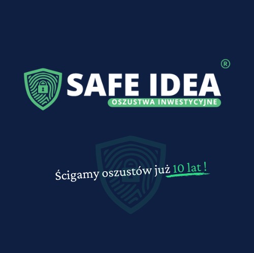 Logo firmy Safe Idea, specjalizującej się w oszustwach inwestycyjnych, z hasłem 'Ścigamy oszustów już 10 lat!' na ciemnoniebieskim tle.