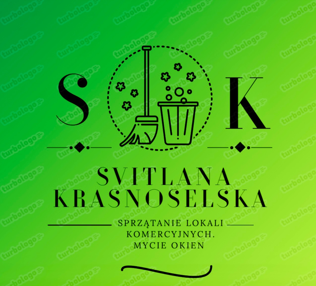 Graficzne logo firmy sprzątającej z motywem wiadra, mopa i gwiazdek. Nazwa firmy: Svitlana Krasnoselska, usługi: sprzątanie lokali komercyjnych, mycie okien. Zielone tło.