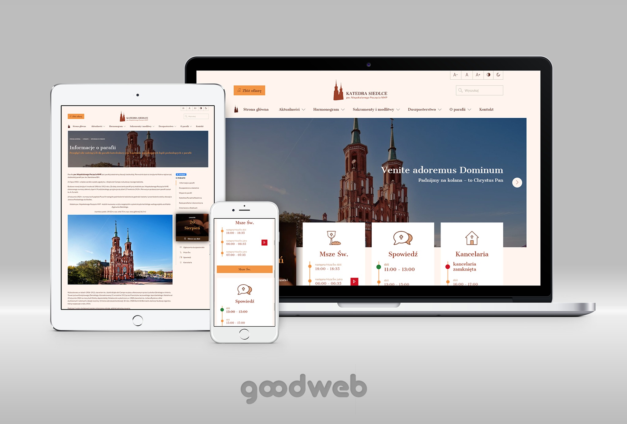 Responsywny układ strony internetowej Katedry Siedleckiej wyświetlony na laptopie, tablecie i smartfonie. Ukazuje on aktualne informacje o mszach i spowiedzi w Woli Mysłowskiej.