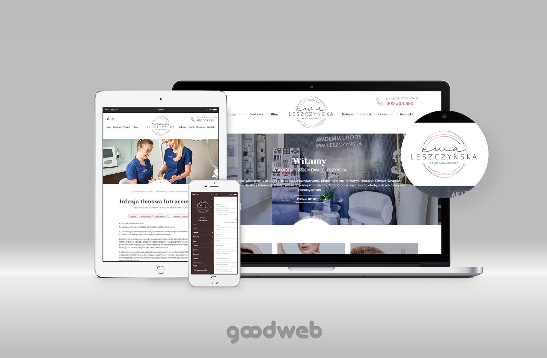 Responsywna strona internetowa salonu urody Ewa Leszczyńska, wyświetlana na laptopie, tablecie i smartfonie, prezentująca ofertę zabiegów kosmetycznych i dane kontaktowe.