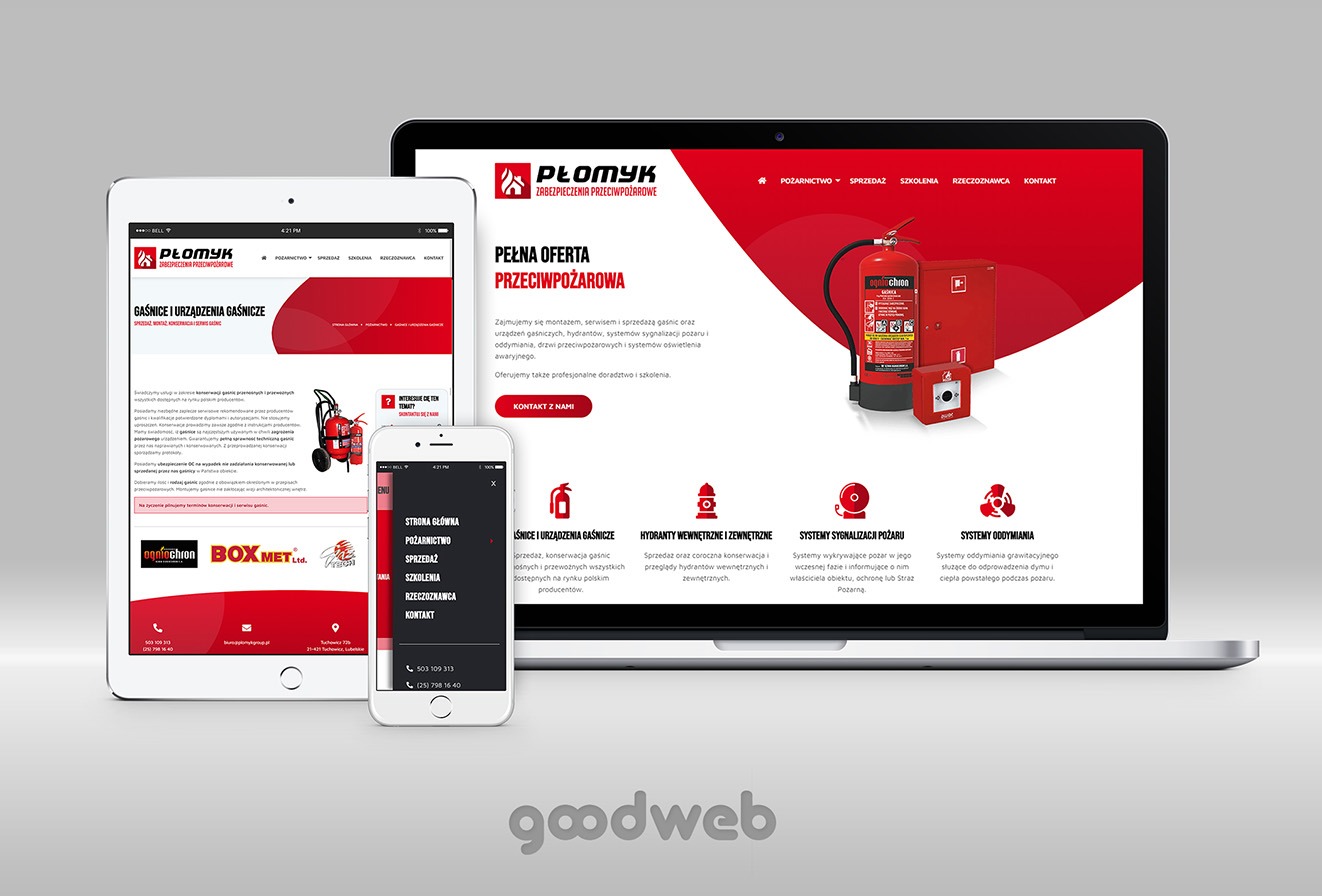 Responsywna strona internetowa na laptopie, tablecie i smartfonie, prezentująca ofertę firmy z branży zabezpieczeń przeciwpożarowych, z logo 'Płomyk' w lewym górnym rogu.