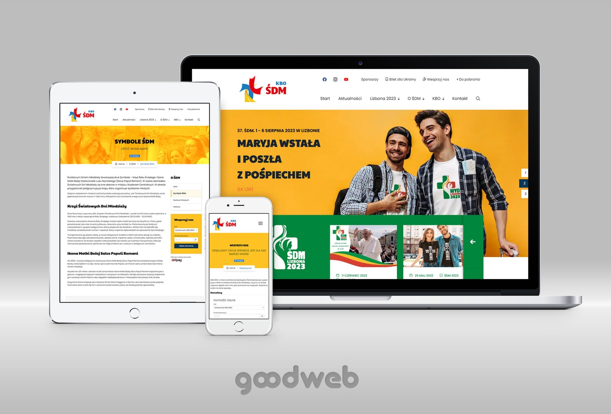 Responsywna strona internetowa KBO ŚDM wyświetlana na laptopie, tablecie i telefonie, prezentująca informacje o Światowych Dniach Młodzieży w Lizbonie 2023.