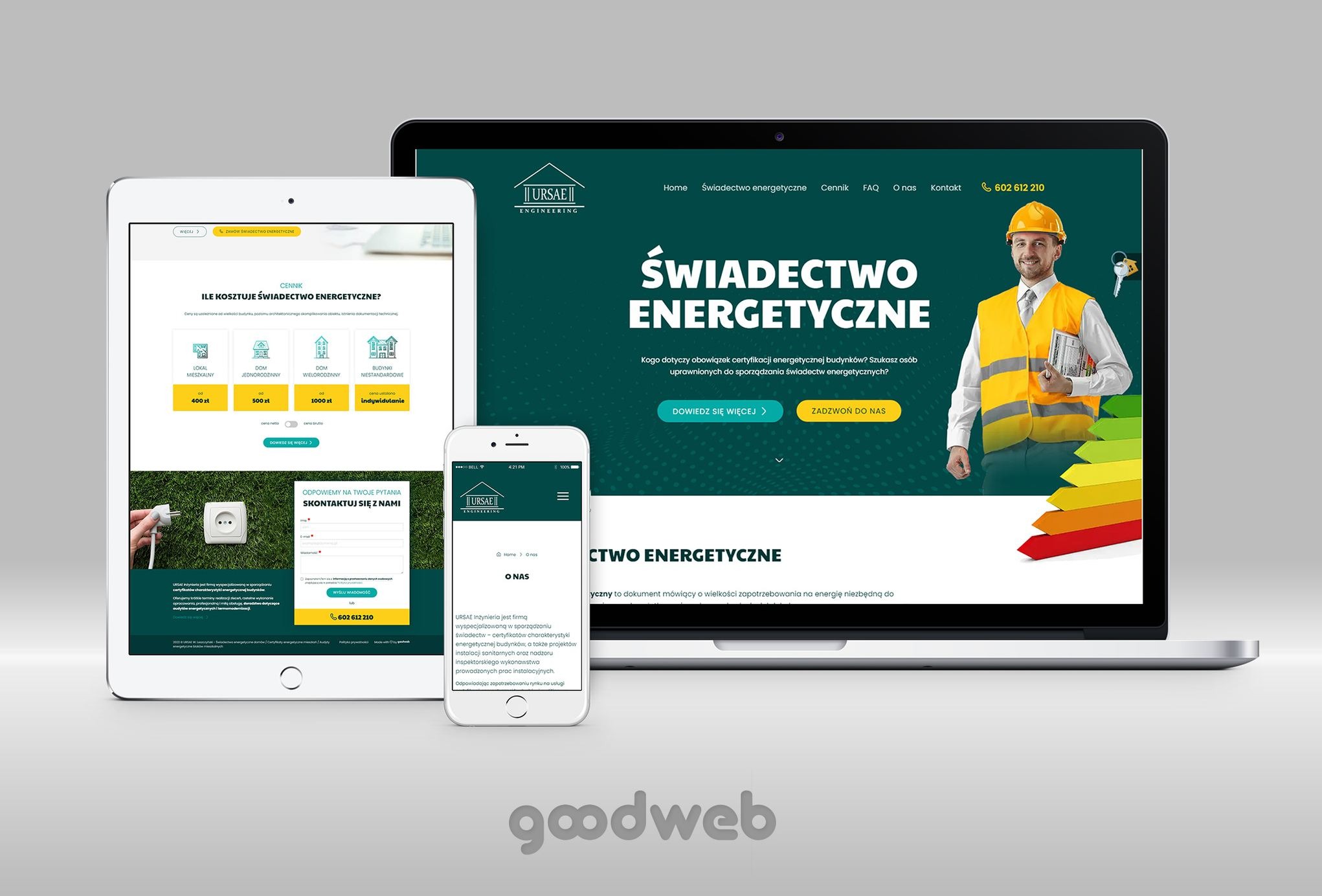 Responsywna strona internetowa na laptopie, tablecie i smartfonie, prezentująca ofertę firmy Ursae Engineering w zakresie świadectw energetycznych, z widocznym cennikiem i danymi kontaktowymi.