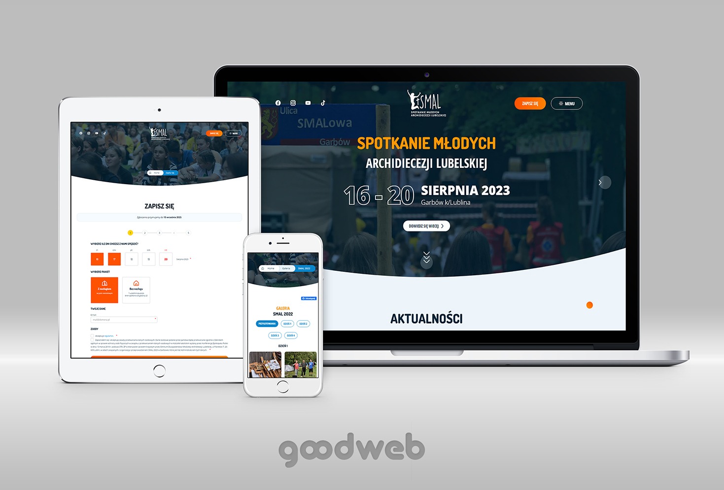 Responsywna strona internetowa na laptopie, tablecie i smartfonie, prezentująca projekt graficzny wydarzenia 'SMAL Spotkanie Młodych Archidiecezji Lubelskiej'.