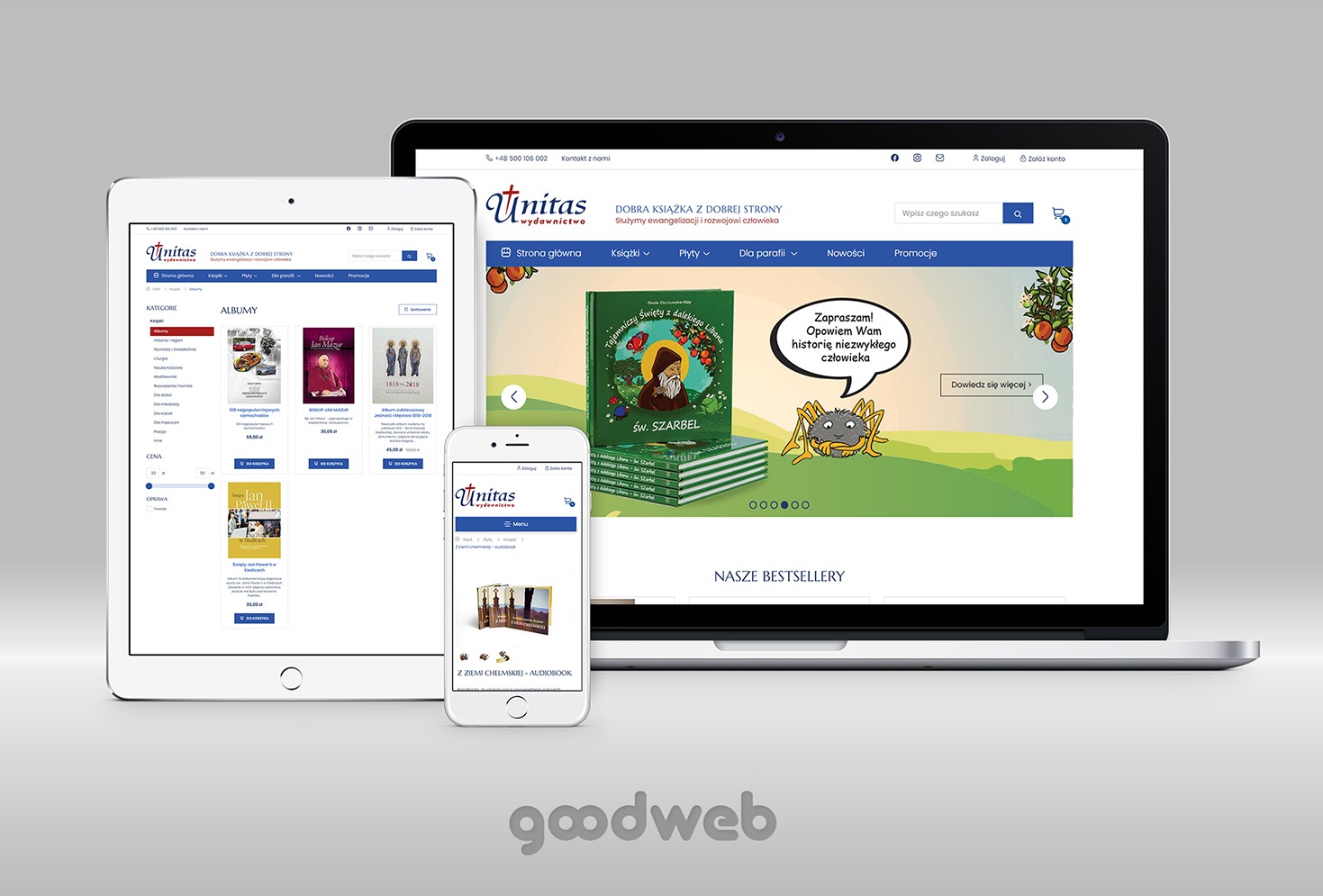 Responsywna strona internetowa wydawnictwa Unitas wyświetlana na laptopie, tablecie i smartfonie, prezentująca ofertę książek i płyt.