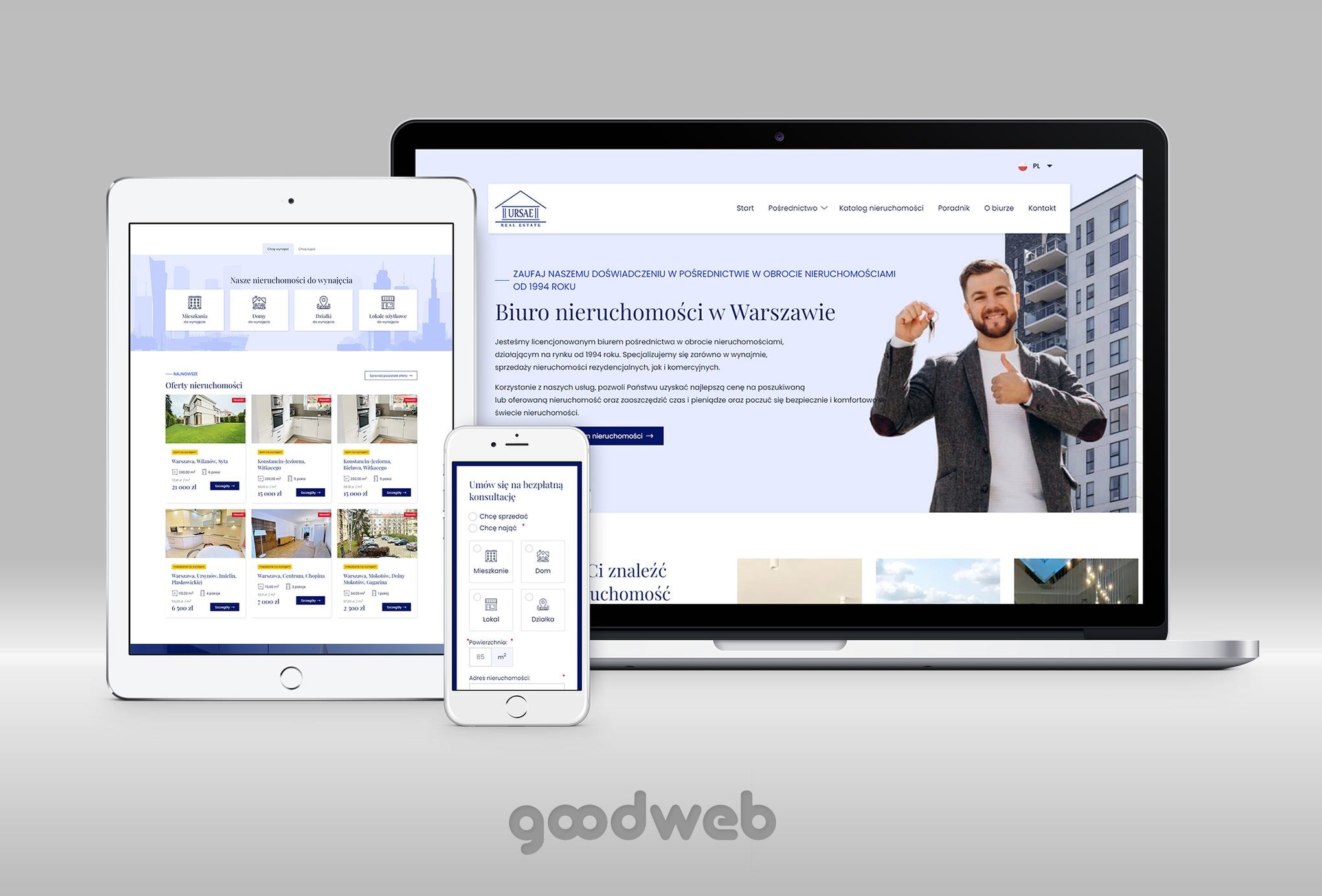 Responsywna strona internetowa biura nieruchomości wyświetlana na laptopie, tablecie i smartfonie, prezentująca oferty mieszkań i domów na wynajem.