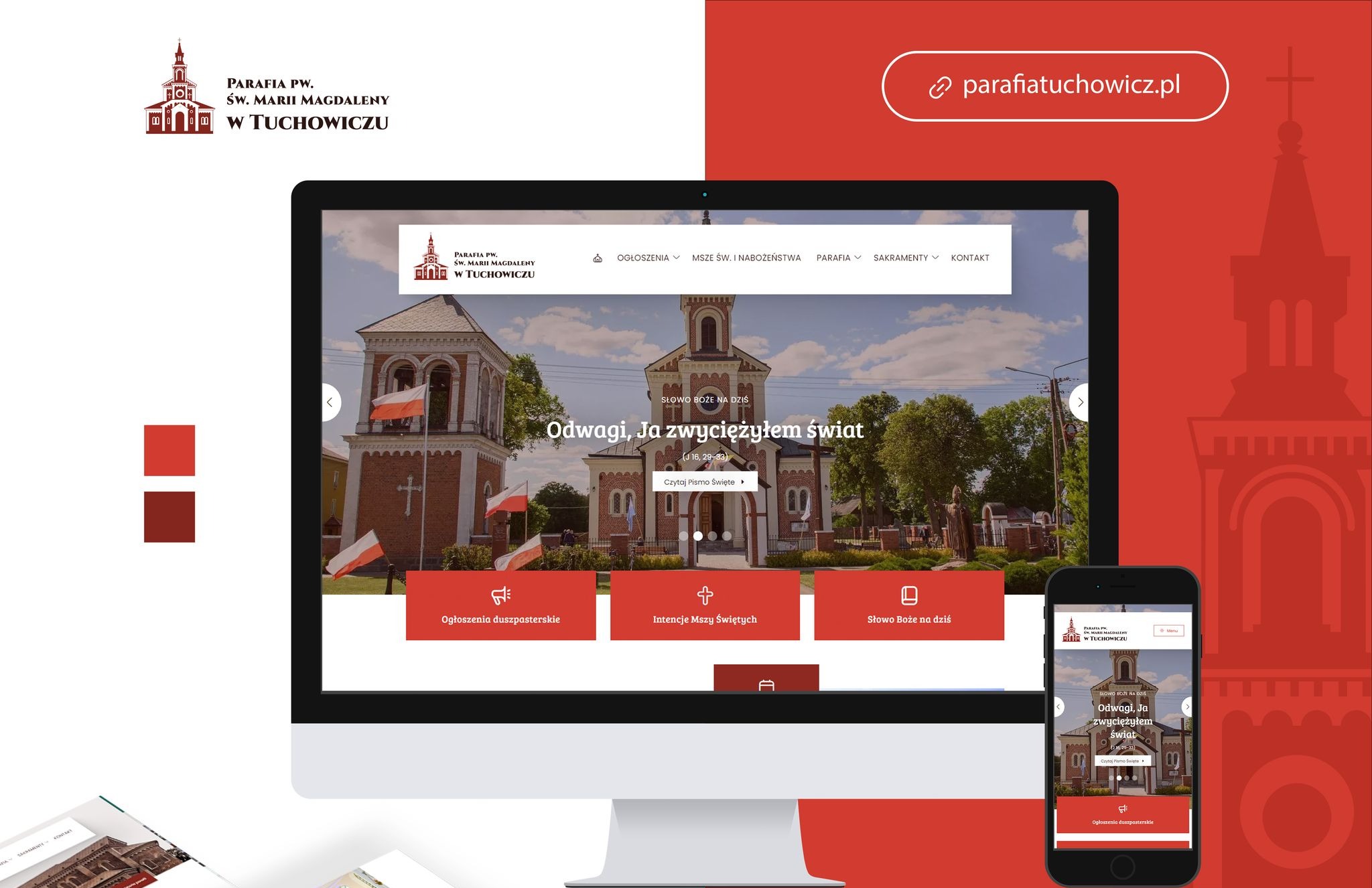 Prezentacja responsywnej strony internetowej parafii na ekranie laptopa i smartfona, z widoczną nawigacją, sliderem zdjęć kościoła i informacjami o ogłoszeniach duszpasterskich, utrzymana...