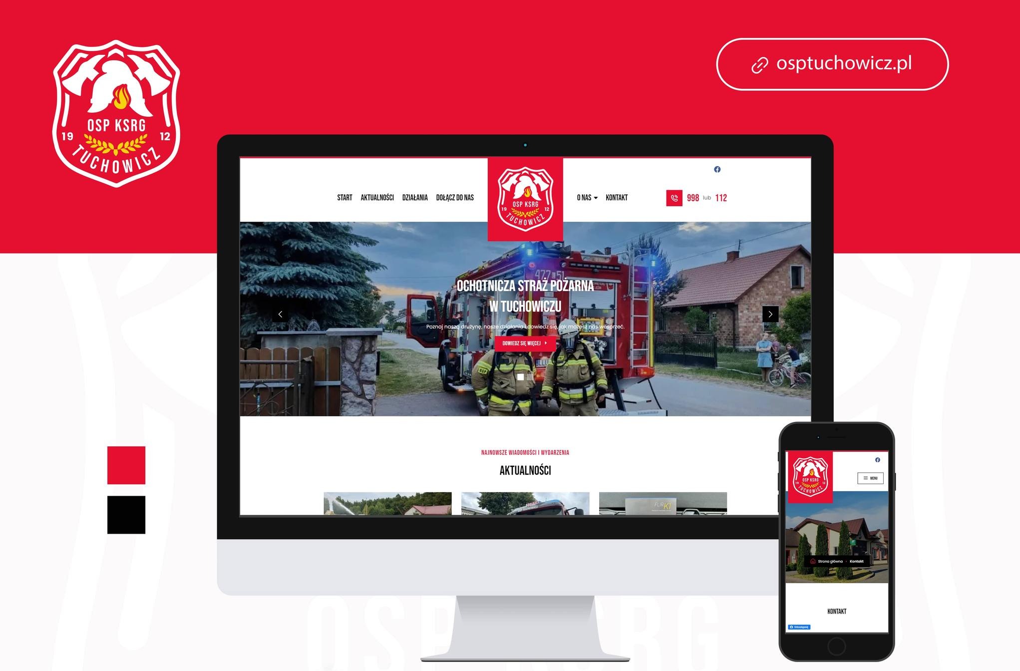 Responsywna strona internetowa Ochotniczej Straży Pożarnej Tuchowicz wyświetlana na monitorze i smartfonie, z logo OSP w lewym górnym rogu i sliderem aktualności na stronie głównej.