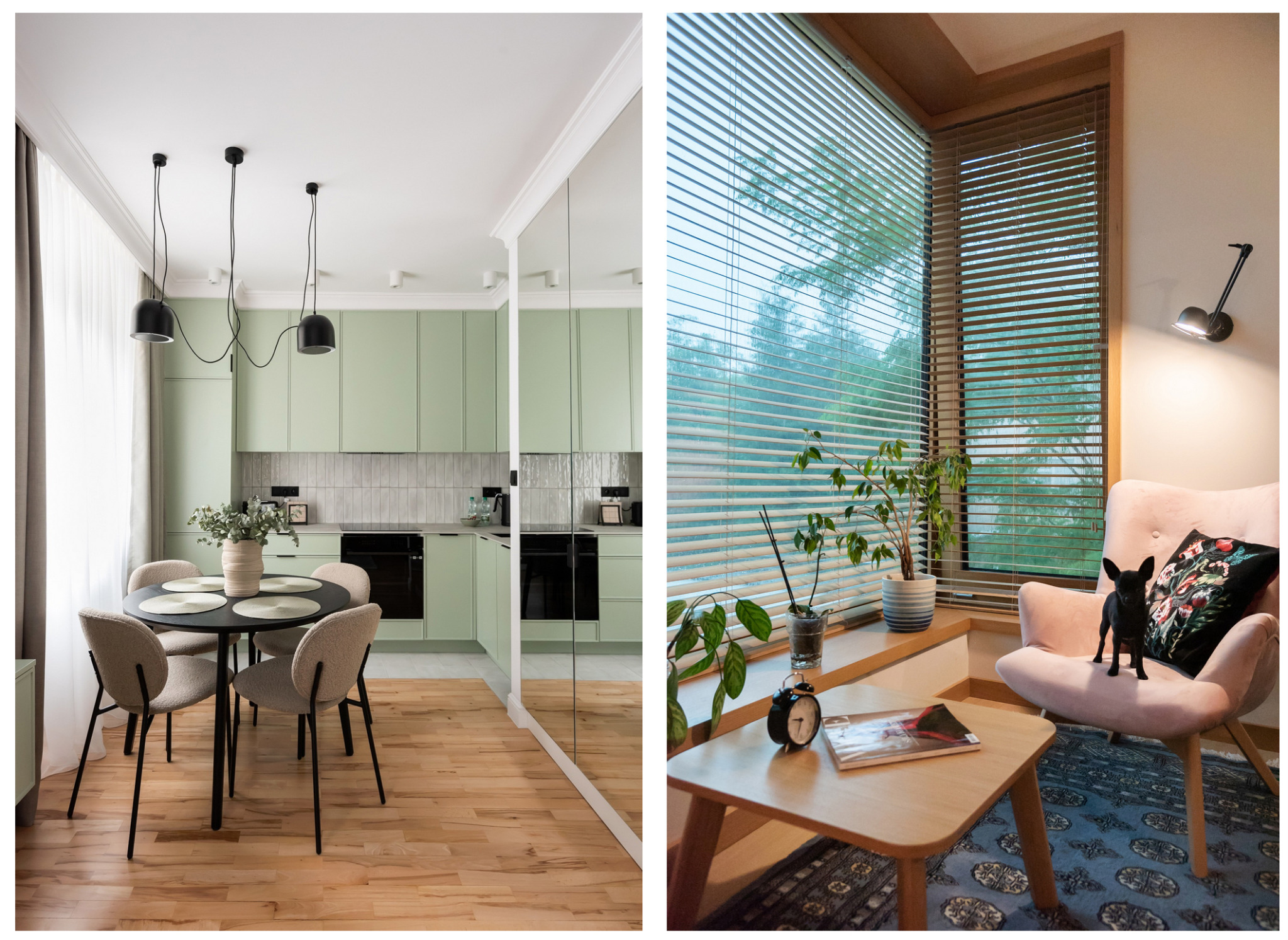 Dwie części zdjęcia: po lewej jasnozielona kuchnia z czarnym okrągłym stołem i czterema krzesłami, odbicie w lustrze; po prawej różowy fotel z czarnym psem na nim, mały drewniany stolik i roślina...