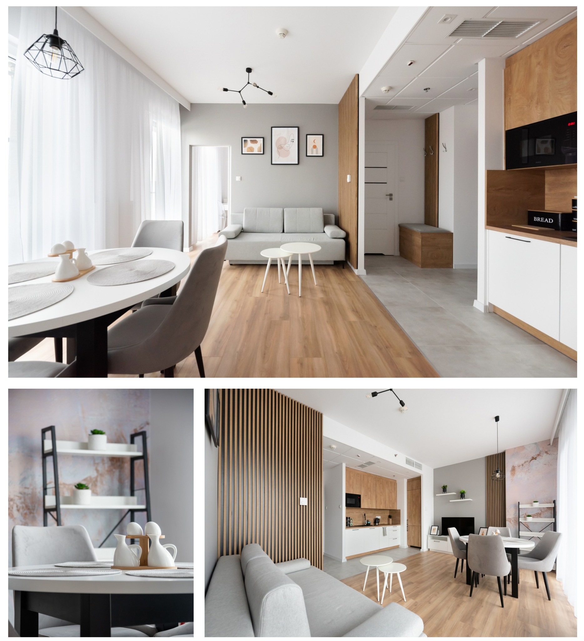 Jasne wnętrze mieszkania z drewnianą podłogą, szarą sofą, białym okrągłym stołem z szarymi krzesłami i aneksem kuchennym z drewnianymi akcentami, oświetlone nowoczesnymi lampami.