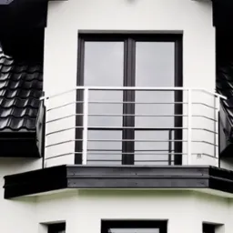 Nowoczesny balkon z białą elewacją i czarną stolarką okienną, zabezpieczony prostą, poziomą konstrukcją z cienkich, metalowych prętów, na tle czarnego, błyszczącego dachu z dachówki ceramicznej.