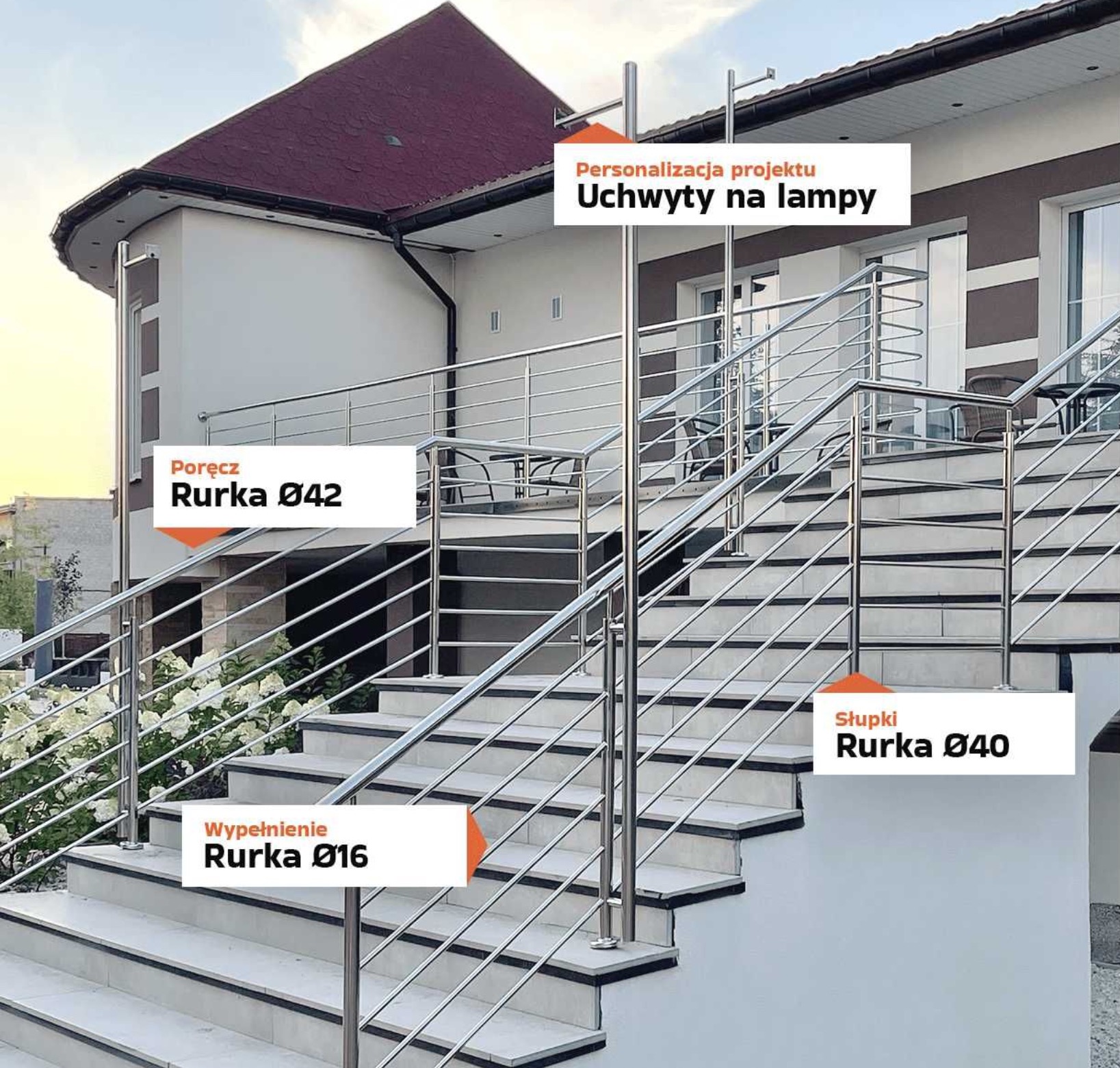 Zewnętrzne schody z balustradą nierdzewną, z uchwytami na lampy, widok na dom z czerwonym dachem i białe kwiaty w tle.