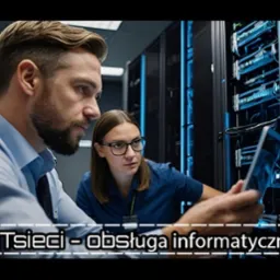 Dwoje inżynierów IT analizuje dane na tablecie w serwerowni, na tle rzędów szaf rack z niebieskim podświetleniem.