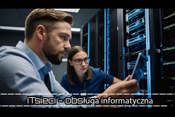 Dwoje inżynierów IT analizuje dane na tablecie w serwerowni, na tle rzędów szaf rack z niebieskim podświetleniem.