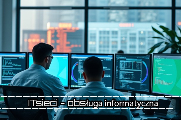 Dwóch mężczyzn w biurze przed wieloma monitorami z wyświetlanym kodem i danymi, widok zza pleców, duże okna z widokiem na miasto w tle.