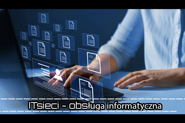 Kobieta w błękitnej koszuli pracuje na laptopie, nad klawiaturą unoszą się ikony dokumentów i sylwetki użytkowników, symbolizujące cyfrowy obieg informacji i zarządzanie danymi.