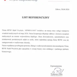 Skan listu referencyjnego od Fundacji Rozwoju Kardiochirurgii im. prof. Zbigniewa Religi dla firmy BENE Rafał Przybyła za usługi transportu urządzeń medycznych, datowany na 30.06.2024.