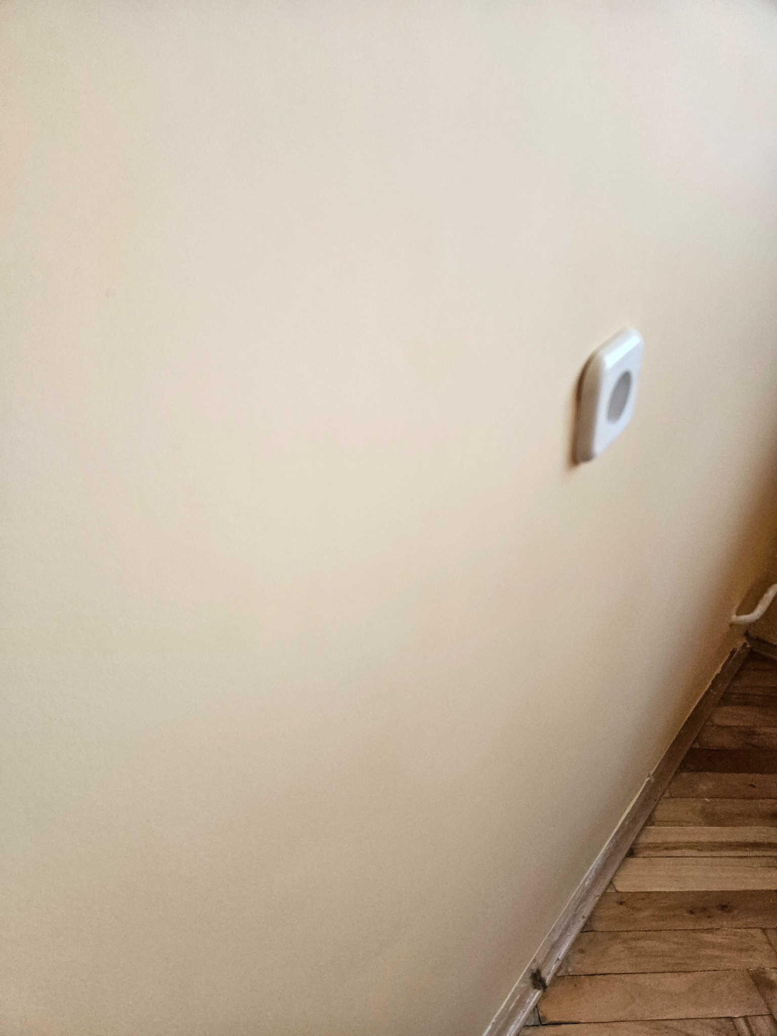 Ściana w odcieniach beżu z zamontowanym gniazdkiem elektrycznym. Widoczna drewniana podłoga i listwa przypodłogowa. Delikatne oświetlenie.