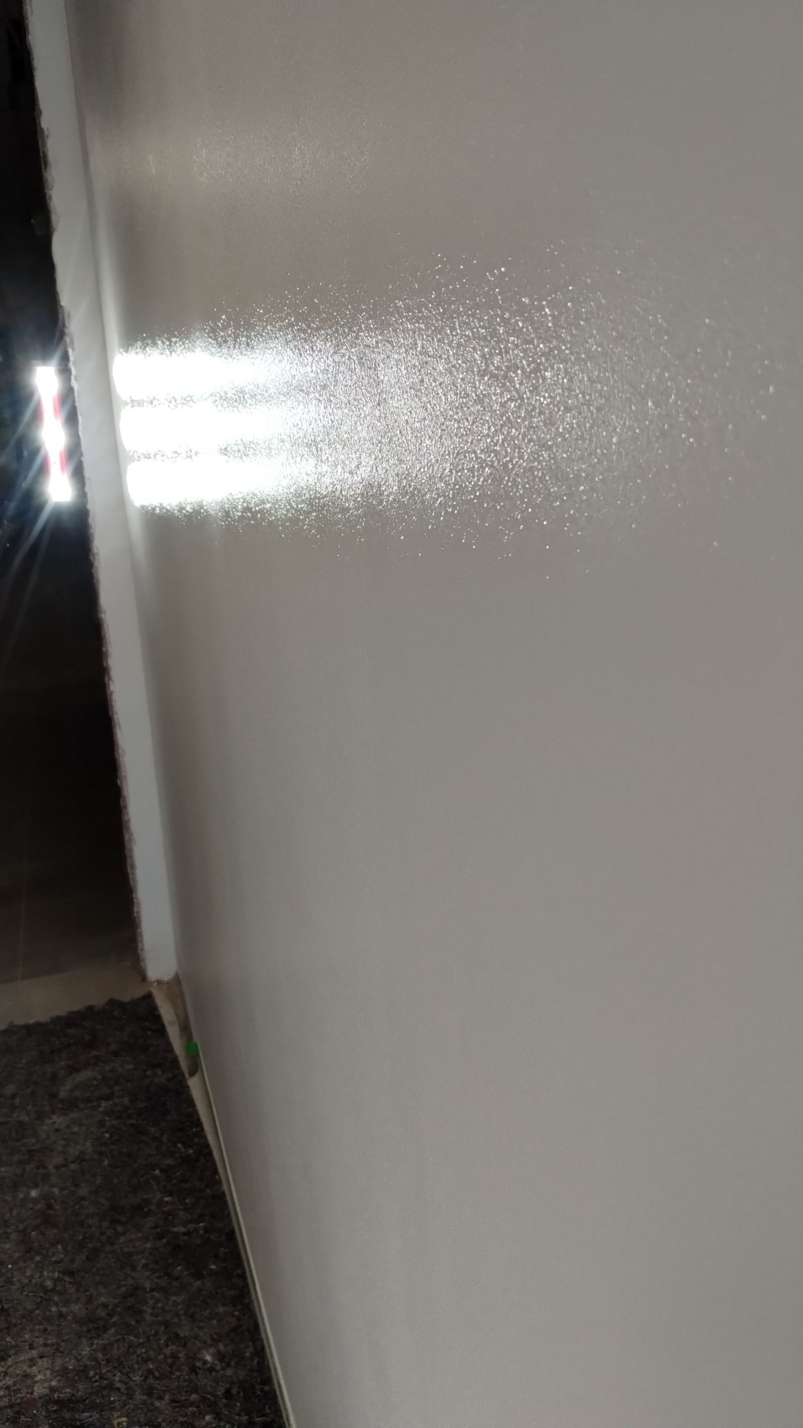 Świeżo pomalowana, gładka ściana w jasnym odcieniu szarości, z widocznym odbiciem światła lampy. Minimalistyczne ujęcie, podkreślające równomierne pokrycie farbą.