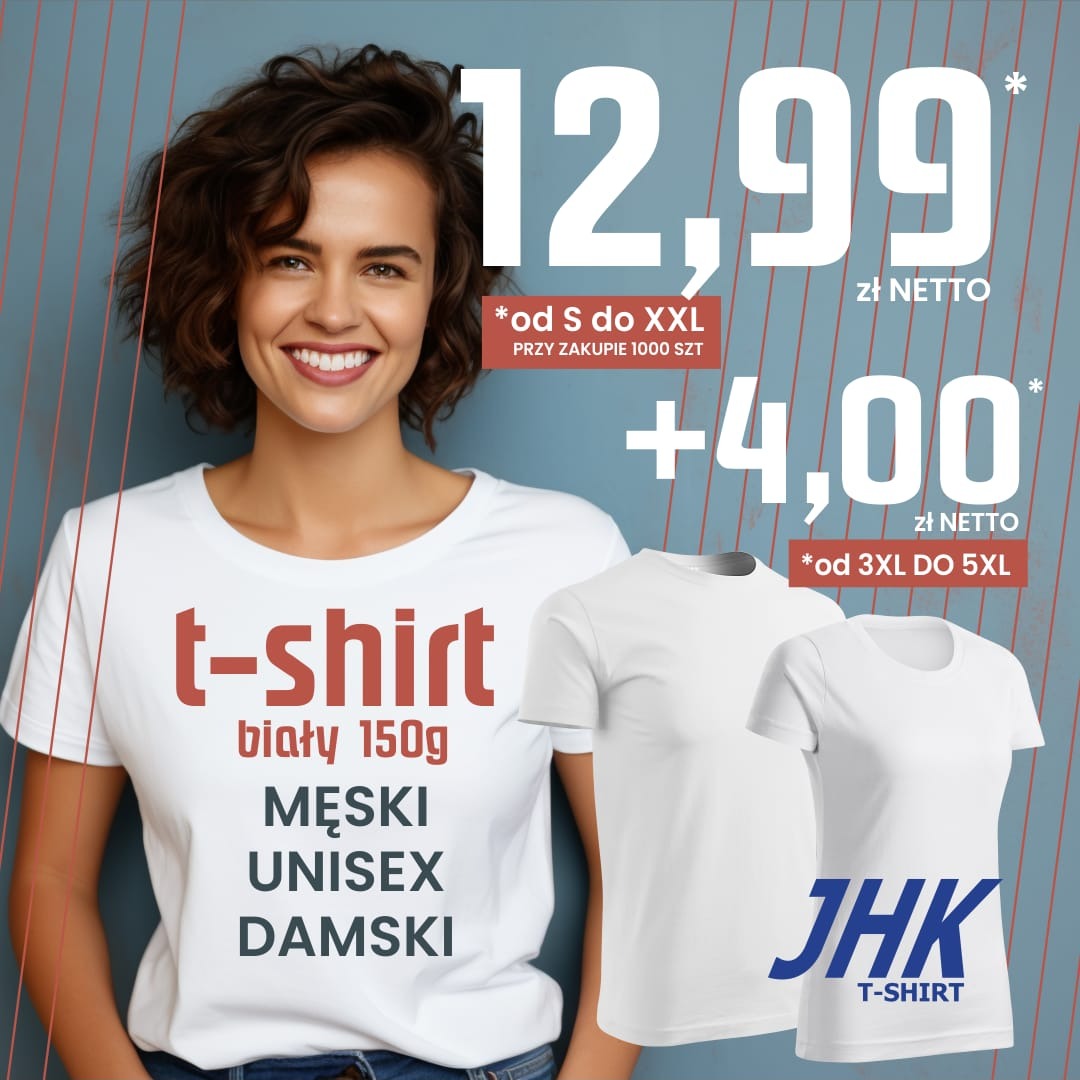 Promocja na białe t-shirty z nadrukiem 't-shirt' w kolorze czerwonym, dostępne w rozmiarach od S do XXL w cenie 12,99 zł netto, oraz od 3XL do 5XL w cenie 16,99 zł netto, przy zakupie 1000 sztuk.