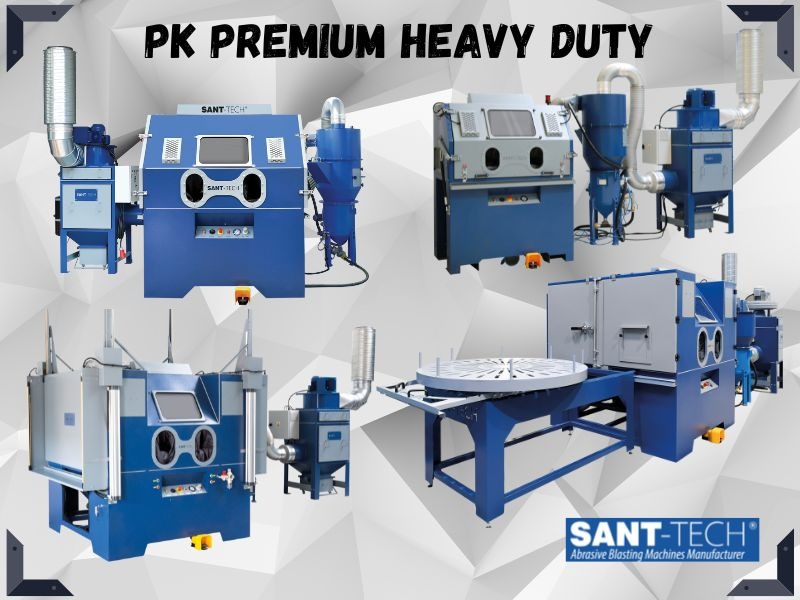Zestawienie różnych modeli maszyn do obróbki strumieniowo-ściernej marki Sant-Tech, w kolorach niebieskim i szarym, z logiem firmy w prawym dolnym rogu.